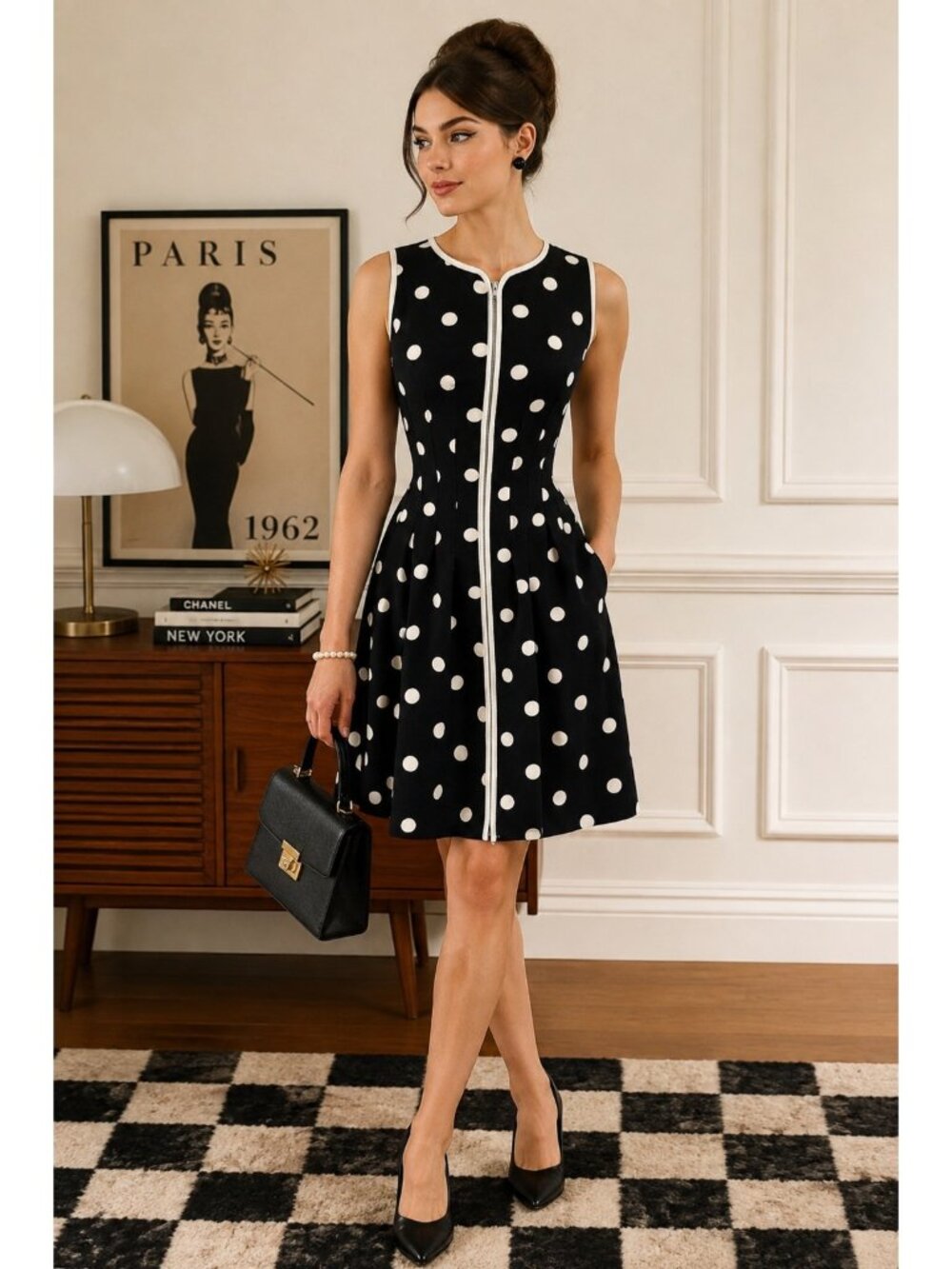 Betsey Johnson Size 8 Black White Polka Dot Zip Front Fit Flare Dress Retro
